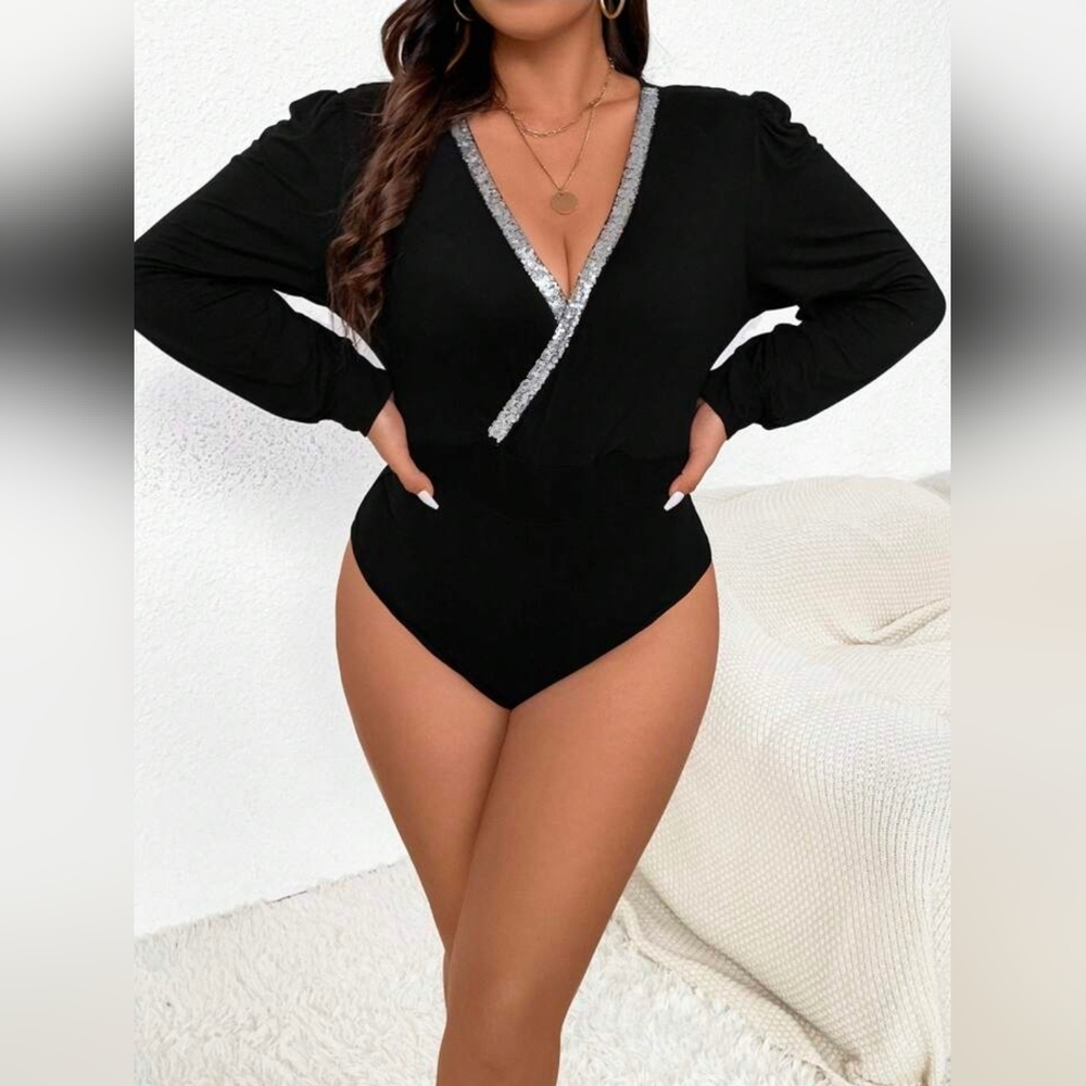 SHEIN | Clasi Plus Contrast Sequin Surplice Neck Bodysuit | Black | 2XL